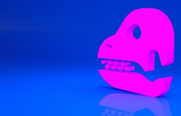 Pink Dinosaur skull icon isolated on blue background. Minimalism concept. 3d illustration. 3D render..