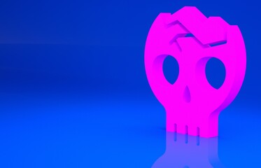 Pink Broken human skull icon isolated on blue background. Minimalism concept. 3d illustration. 3D render..