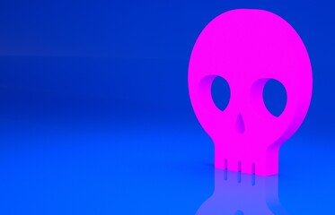 Pink Human skull icon isolated on blue background. Minimalism concept. 3d illustration. 3D render..
