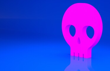 Pink Human skull icon isolated on blue background. Minimalism concept. 3d illustration. 3D render..