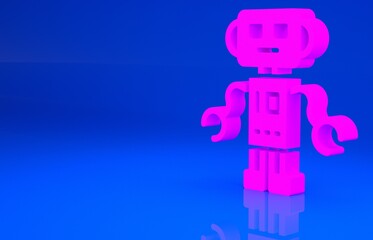 Pink Robot toy icon isolated on blue background. Minimalism concept. 3d illustration. 3D render..