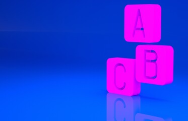 Pink ABC blocks icon isolated on blue background. Alphabet cubes with letters A,B,C. Minimalism concept. 3d illustration. 3D render..