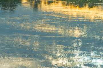 Water of a lake reflecting a colorful cloudy sky at sunrise and producing mysterious circles on its surface, Almere, Flevoland, The Netherlands, July 19, 2020