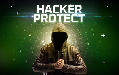 Mysterious hacker with HACKER PROTECT inscription, online attack concept inscription, online security concept