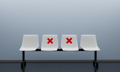 The chairs make separate for social distancing by red cross, increasing physical space between people to avoid spreading illness during outbreak of COVID-19. 3D rendering