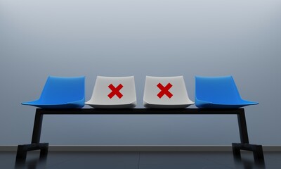 The chairs make separate for social distancing by red cross, increasing physical space between people to avoid spreading illness during outbreak of COVID-19. 3D rendering