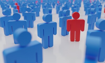 Social distance concept. Too many people with infected man in red symbolizing a contagious epidemic of Covid-19, 3d rendering