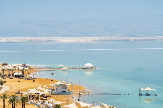 beautiful beaches of the dead sea in ein bokek in israel. aerial view