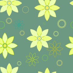 Floral seamless vector pattern with yellow flowers on dark green background. Can be used for tablecloth, bed linen, wellpaper, wrapping paper, textiles, fabric.