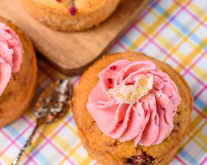 Raspberry Lemonade Cupcakes are on display above a colourful check pattern background