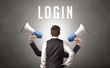 Rear view of a businessman with LOGIN inscription, cyber security concept