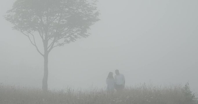 The happy loving couple is holding hands and walking along the fild during the thick fog. Slow motion 4k.