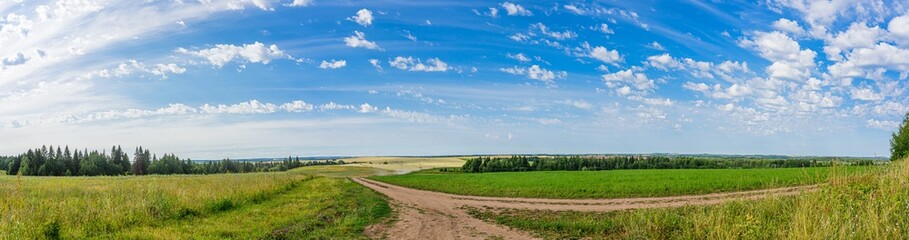 Fototapeta na wymiar Panoramic view of farmland in the foreground fork of dirt roads