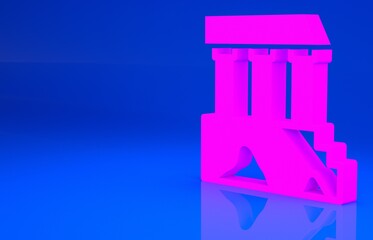 Pink Parthenon from Athens, Acropolis, Greece icon isolated on blue background. Greek ancient national landmark. Minimalism concept. 3d illustration. 3D render..
