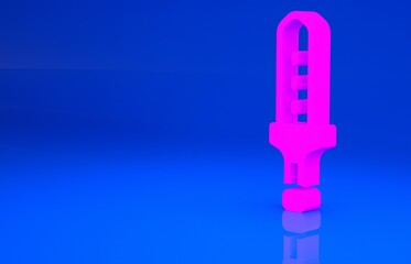 Pink Medieval sword icon isolated on blue background. Medieval weapon. Minimalism concept. 3d illustration. 3D render..