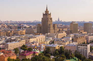Obraz premium Sunny cityscape of Moscow, capital of Russia, view from the rooftop, Ministry of Foreign Affairs building
