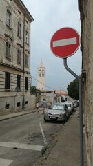 One way street red sign No trespassing road sign warning wrong direction no entry old city road big...