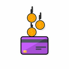 Cash get a bank card Purple - Black Stroke+Shadow icon vector isolated. Cashback service and online money refund. Concept of transfer money, e-commerce, saving account.