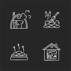 Sauna types chalk white icons set on black background. Different bathhouses. Steam bath, dry heat, indoor and outdoor saunas. Finnish and russian baths. Isolated vector chalkboard illustrations