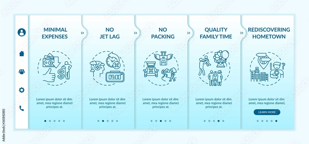 Poster staycationing advantages onboarding vector template. quality family time. rediscovering hometown. re