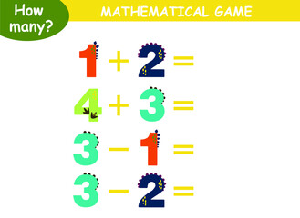 examples of addition and subtraction with dinosaurs. educational page with mathematical examples for children.