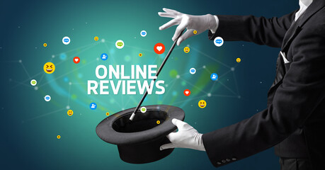 Magician is showing magic trick with ONLINE REVIEWS inscription, social media marketing concept