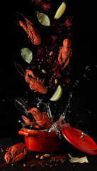 Сrayfishes flying in the saucepan. Flying food