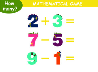 examples of addition and subtraction with dinosaurs. educational page with mathematical examples for children.