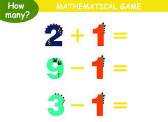 examples of addition and subtraction with dinosaurs. educational page with mathematical examples for children.