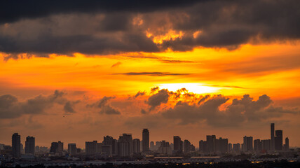 panoramic high-angle evening background of the city view,with natural beauty and blurred sunsets in the evening and the wind blowing all the time,showing the distribution of city center accommodation