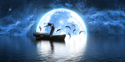 woman dancing in a boat against the background of the moon and dolphins