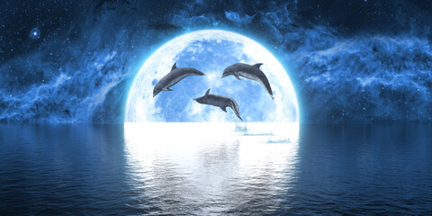 group of dolphins jumping out of the water against the background of the big moon