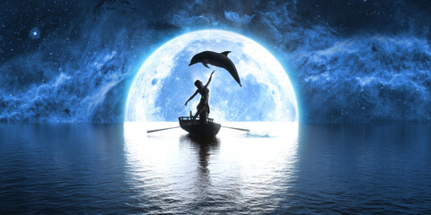 dolphin jumping over a boat with a dancing woman on the background of the moon - obrazy, fototapety, plakaty