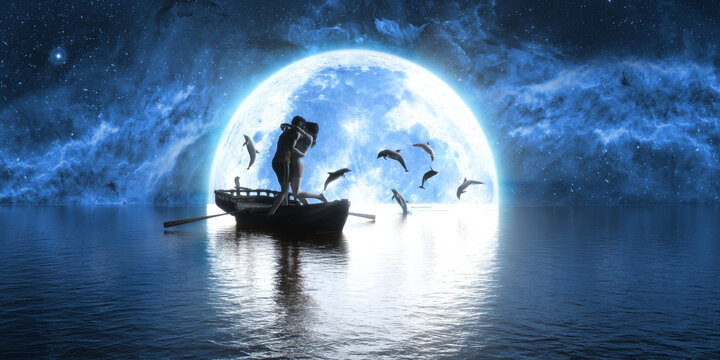 man and woman kissing on the background of the moon and playing dolphins