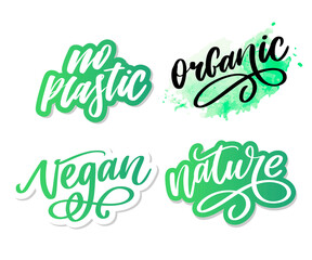 Organic brush lettering. Hand drawn word organic with green leaves. Label, logo template for organic products, healthy food markets.