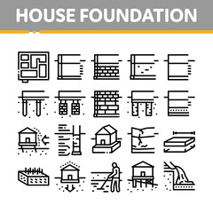 House Foundation Base Collection Icons Set Vector. Concrete And Brick Building Foundation, Broken And Rickety Basement, Plan And Size Concept Linear Pictograms. Contour Illustrations