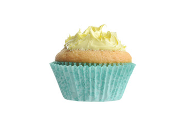  isolated cupcake with yellow frosting in blue paper cup
