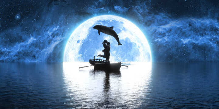 dolphin jumping over a boat with kissing people on the background of the moon