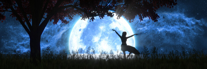 woman dancing on the background of a large full moon