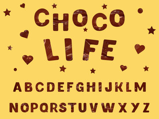 Bold latin alphabet made of dark melted chocolate, chocolife concept, vector illustration