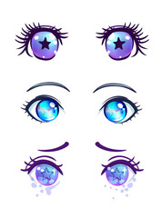 Colorful beautiful eyes in anime, manga style with shiny light reflections. Bright vector illustration isolated. Emotions, expression of sadness. Pastel goth colors. Japanese kawaii cartoon.