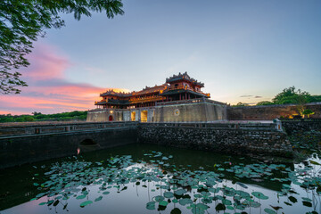 Ngo Mon gate - the main entrance of forbidden Hue Imperial City in Hue city, Vietnam, during sunset...