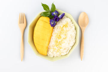 mango with sticky rice on white background