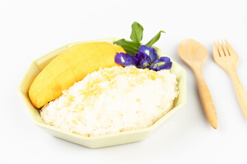 mango with sticky rice on white background