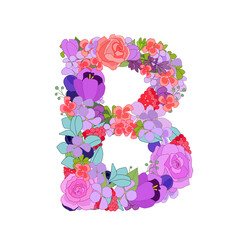 Colorful floral font alphabet with roses. Beautiful capital lett