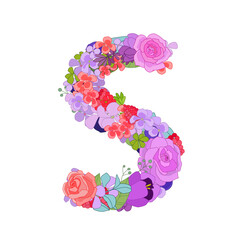 Colorful floral font alphabet with roses. Beautiful capital lett