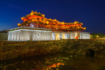 Ngo Mon gate - the main entrance of forbidden Hue Imperial City in Hue city, Vietnam, at night