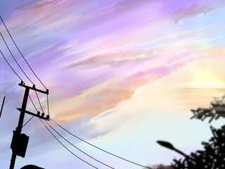 power lines’s silhouette and purple clouds in the city landscape