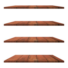 4 Wood shelves table isolated on white background and display montage for product.