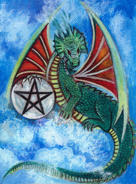 Art fantasy dragon.Hand color painting on canvas.